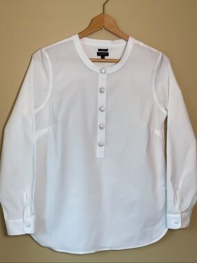 Talbots White Long-Sleeve TunicShirt with Rhinestone Placket Size s